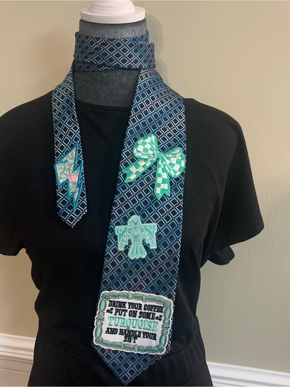 Statement Upcycled Geometric Turquoise Necktie Necklace Accessory Country Vibes